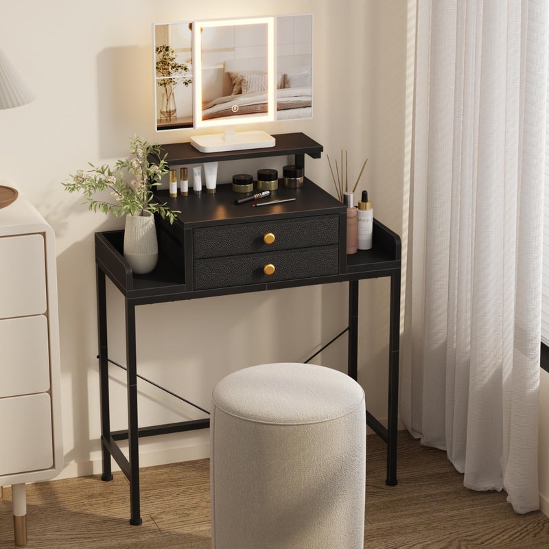 HIGDBFE Vanity Desk with Mirror and Lights, 28.4''W Small Makeup Vanity Table with Height-Adjustable Stand, 2 Fabric Drawers Compact Makeup Desk, Gift for Girls, Bedroom Small Space, Black - Image 1