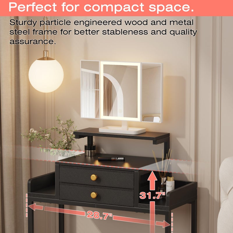 HIGDBFE Vanity Desk with Mirror and Lights, 28.4''W Small Makeup Vanity Table with Height-Adjustable Stand, 2 Fabric Drawers Compact Makeup Desk, Gift for Girls, Bedroom Small Space, Black - Image 3
