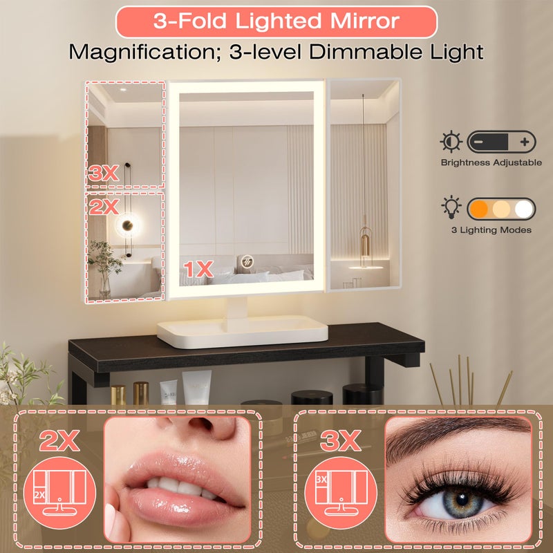 HIGDBFE Vanity Desk with Mirror and Lights, 28.4''W Small Makeup Vanity Table with Height-Adjustable Stand, 2 Fabric Drawers Compact Makeup Desk, Gift for Girls, Bedroom Small Space, Black - Image 2