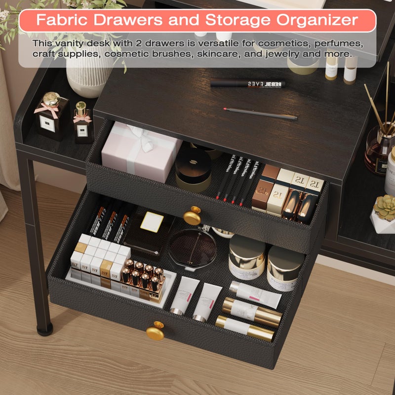 HIGDBFE Vanity Desk with Mirror and Lights, 28.4''W Small Makeup Vanity Table with Height-Adjustable Stand, 2 Fabric Drawers Compact Makeup Desk, Gift for Girls, Bedroom Small Space, Black - Image 5