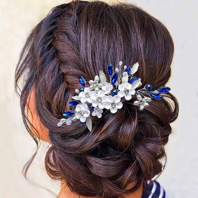 Unicra Bride Wedding Hair Comb Flower Hair Accessories Blue Crystal Rhinestone Headpiece Combs Side for Women and Bridesmaid