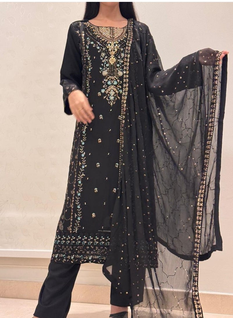 وينشيلز سلوار قميص شيفون تقليدي - أسود، مقاس كبير - Image 3