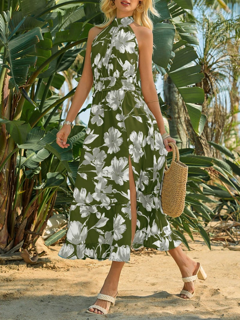 Wenrine Womens Summer Halter Neck Dress Maxi Floral Vacation Boho Sundresses Flowy Formal Travel Wedding Guest Dresses Army Green - Image 4