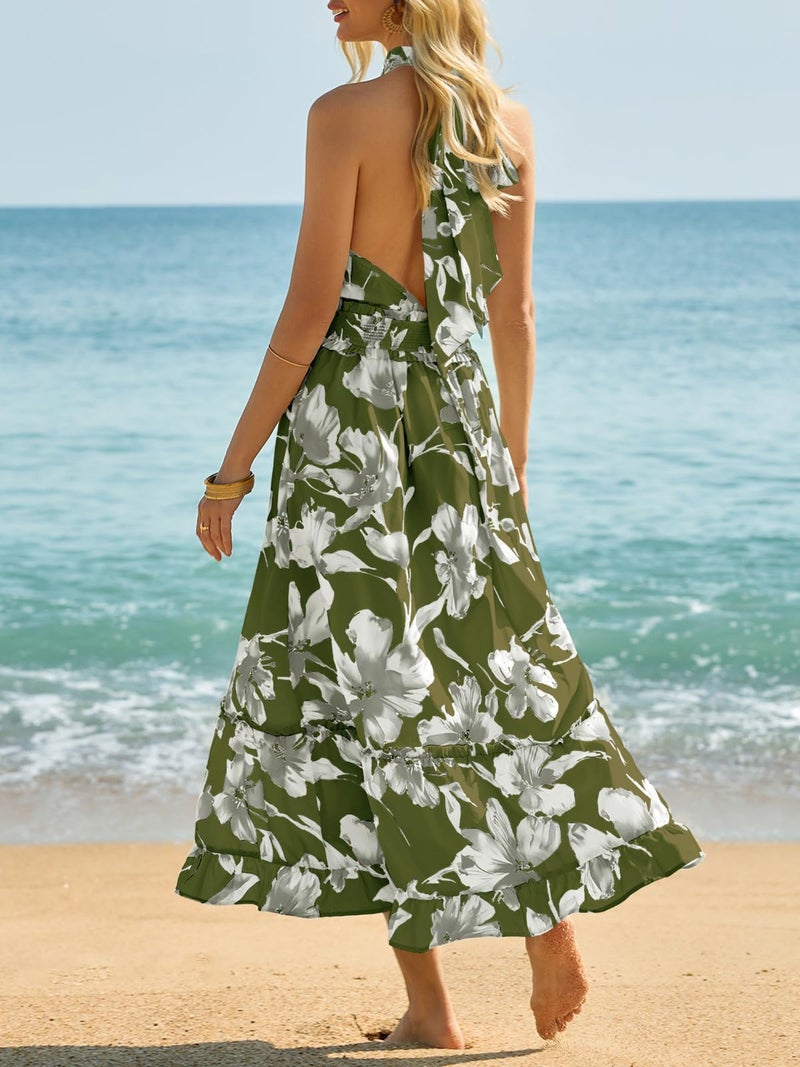 Wenrine Womens Summer Halter Neck Dress Maxi Floral Vacation Boho Sundresses Flowy Formal Travel Wedding Guest Dresses Army Green - Image 3