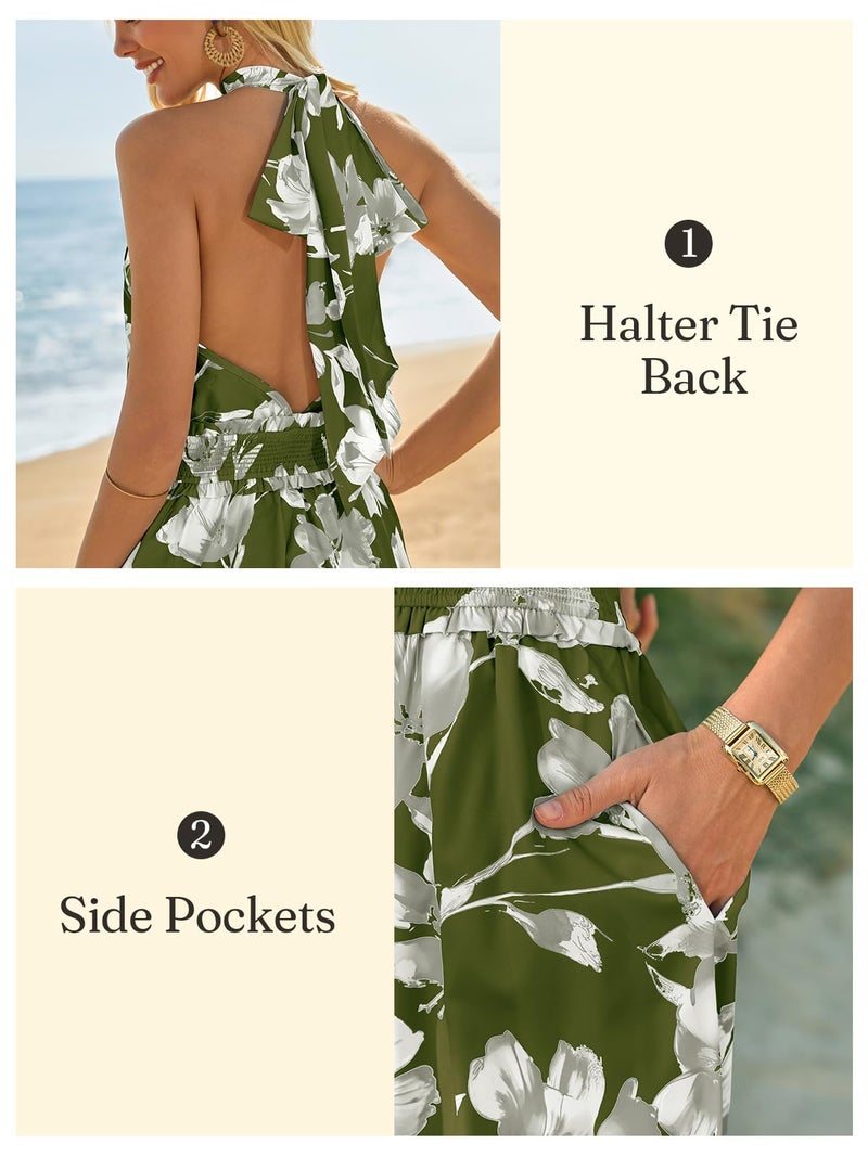 Wenrine Womens Summer Halter Neck Dress Maxi Floral Vacation Boho Sundresses Flowy Formal Travel Wedding Guest Dresses Army Green - Image 5