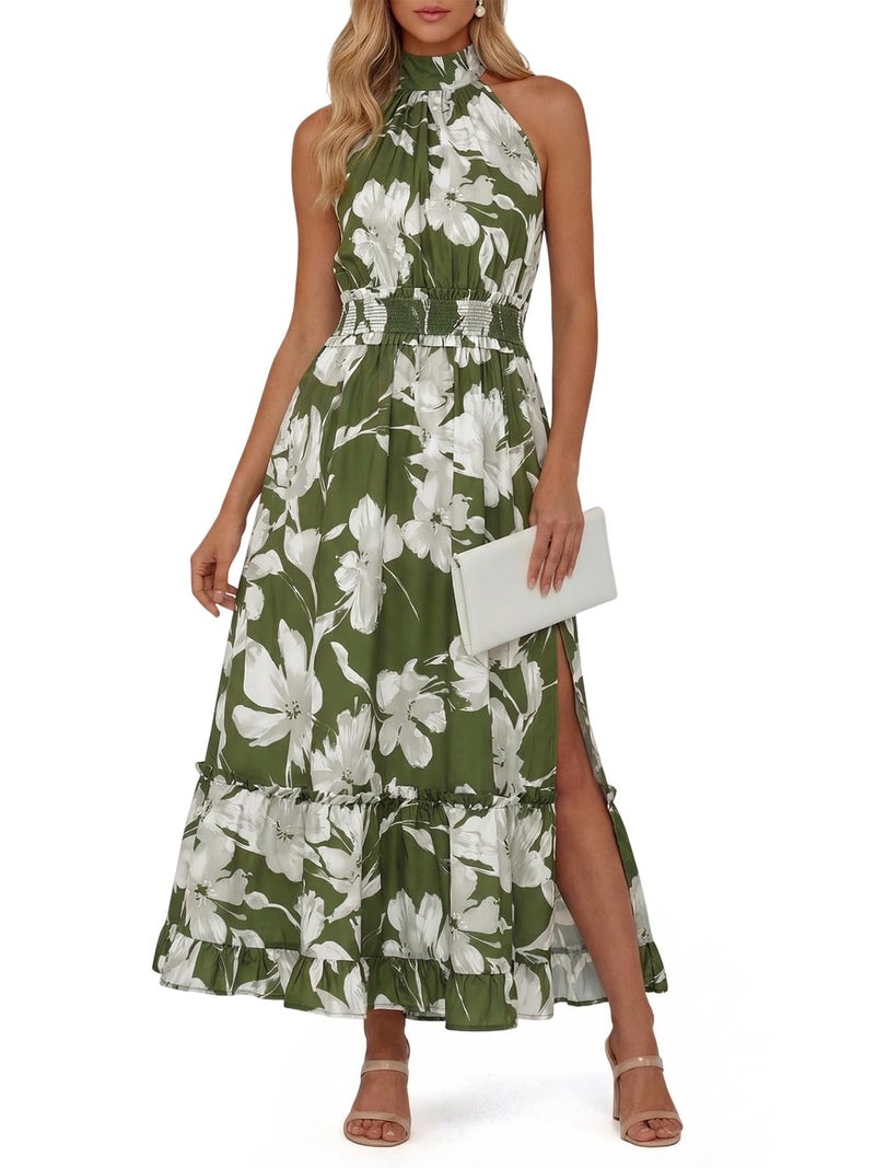 Wenrine Womens Summer Halter Neck Dress Maxi Floral Vacation Boho Sundresses Flowy Formal Travel Wedding Guest Dresses Army Green - Image 1