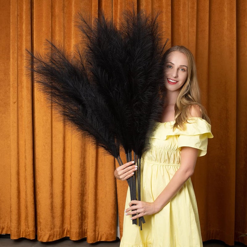 EVODIS Faux Pampas Grass 6 Stems, Artificial Pampas Grass - 43 inch Total Extra Large Pompass Grass Tall Pompous Boho Flower Arrangement and Floor Vase Filler Home Decor for Room Wedding Party (Black) - Image 1