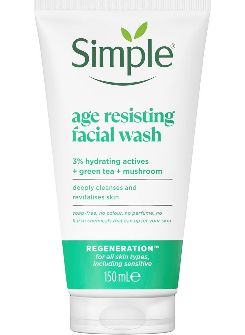 Simple Regeneration Age Resisting Facial Wash with green tea and prebiotic cleanser for revived and revitalised skin, 150ml