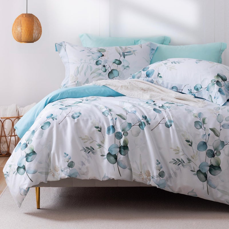 MILDLY 100 LongStaple Cotton Duvet Cover Set Baby Blue Teal Gradient Leaf Pattern Printed Comforter Cover 3pcs Ultra Soft  Breathable Bedding Set