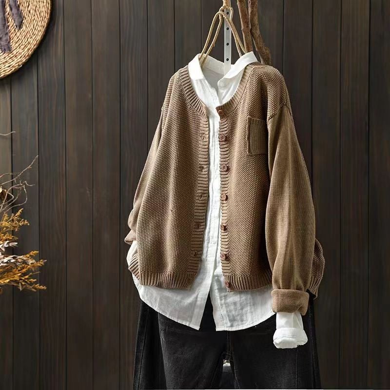 2023 Knitted Cardigan Sweater Womens Autumn Artistic Retro Long-sleeved Jacket Casual Top Khaki [high-quality fabric and high quality]