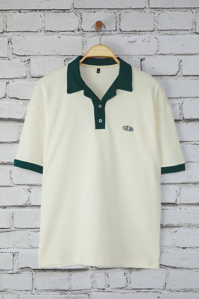 trendyol Ecru Oversize/Wide Cut Embroidery Detailed 100% Cotton Polo Neck TShirt - Image 2
