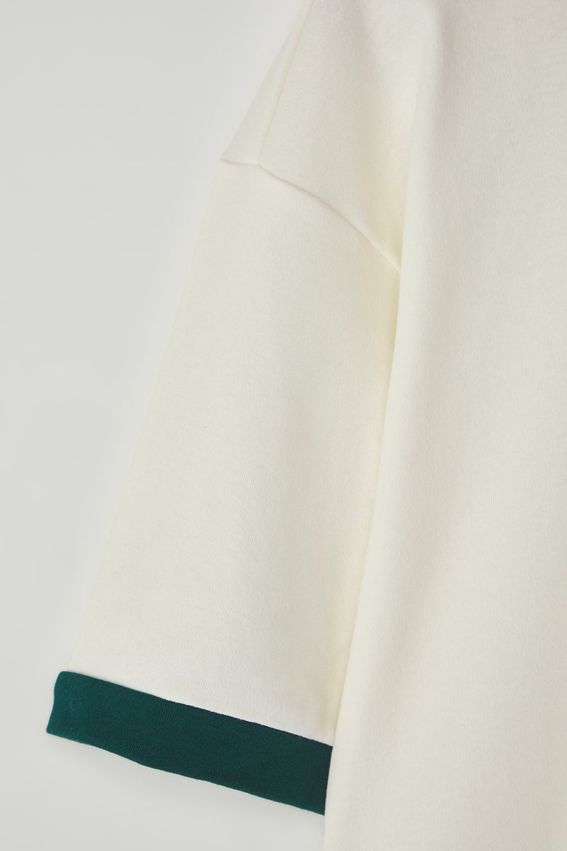 trendyol Ecru Oversize/Wide Cut Embroidery Detailed 100% Cotton Polo Neck TShirt - Image 5