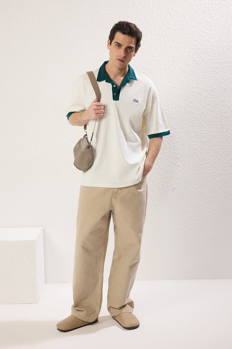 trendyol Ecru Oversize/Wide Cut Embroidery Detailed 100% Cotton Polo Neck TShirt - Image 4