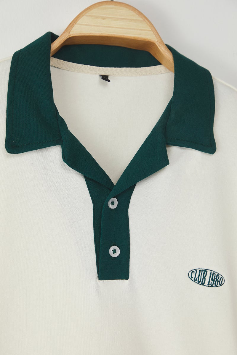 trendyol Ecru Oversize/Wide Cut Embroidery Detailed 100% Cotton Polo Neck TShirt - Image 3