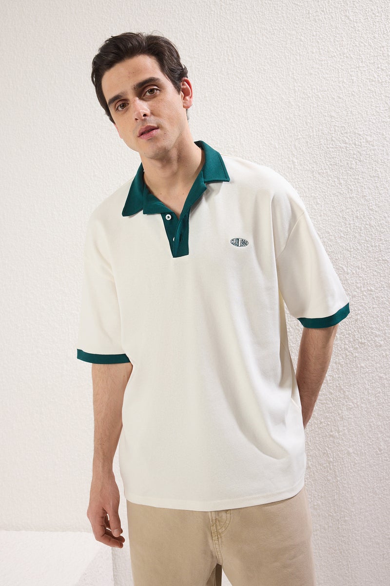 trendyol Ecru Oversize/Wide Cut Embroidery Detailed 100% Cotton Polo Neck TShirt - Image 1