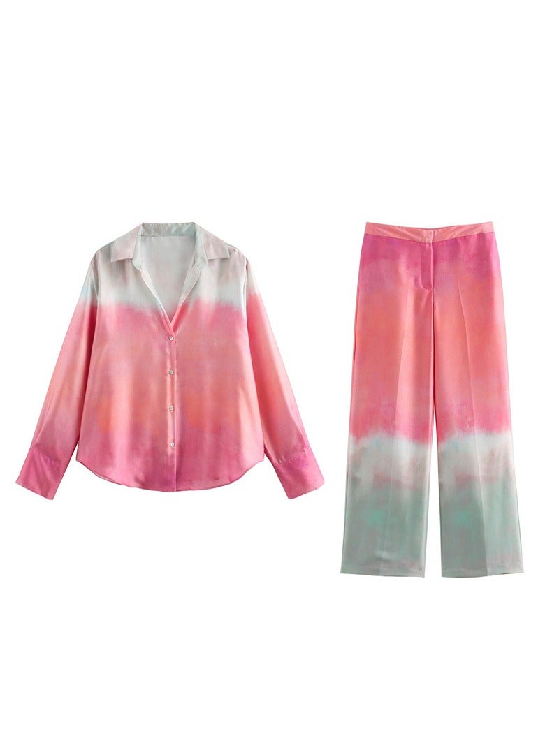 Shougu New Tie Dye Printed Silk Satin Textured Shirt Straight Leg Pants Set  - Image 1