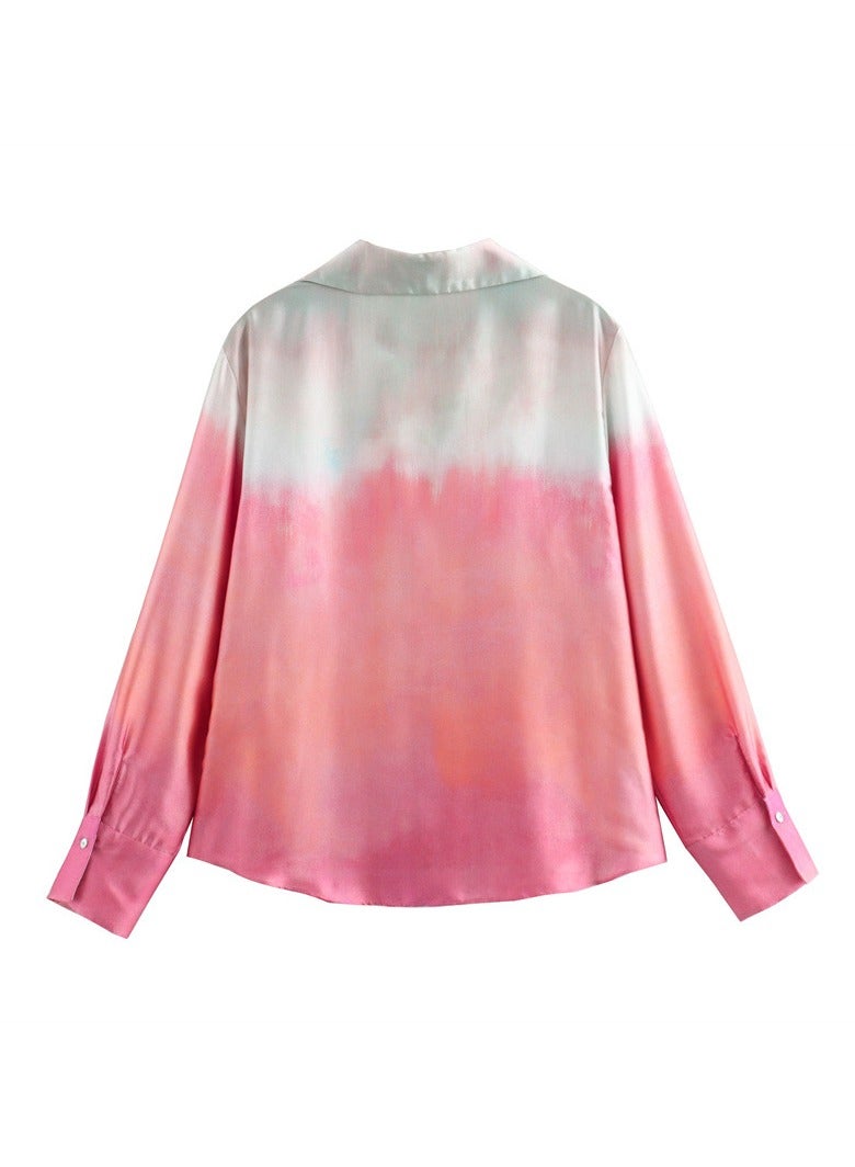 Shougu New Tie Dye Printed Silk Satin Textured Shirt Straight Leg Pants Set  - Image 2