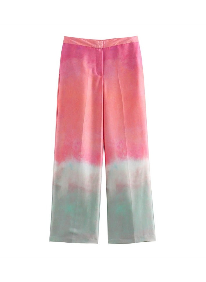 Shougu New Tie Dye Printed Silk Satin Textured Shirt Straight Leg Pants Set  - Image 3