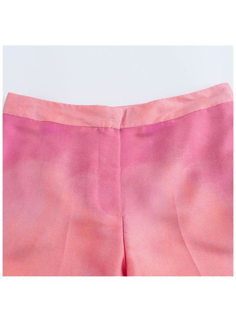 Shougu New Tie Dye Printed Silk Satin Textured Shirt Straight Leg Pants Set  - Image 4
