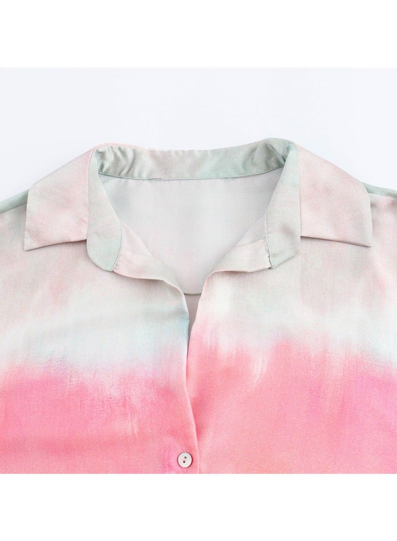 Shougu New Tie Dye Printed Silk Satin Textured Shirt Straight Leg Pants Set  - Image 5