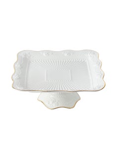 Life Smile LIFE SMILE White Cake Plate with Floral Gold Stand - Luxury Bone China Pastry & Dessert Server  - Image 1