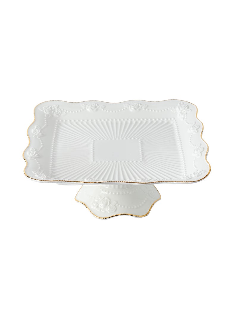 Life Smile LIFE SMILE White Cake Plate with Floral Gold Stand - Luxury Bone China Pastry & Dessert Server  - Image 1