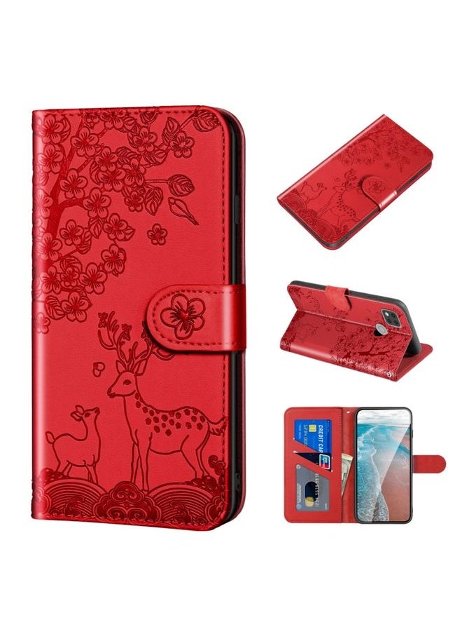 HuHa Case Cover For Xiaomi Redmi 9C Sika Deer Embossing Pattern Horizontal Flip PU Leather Case with Holder & Card Slot & Wallet & Photo Frame Red 