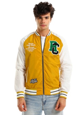 Color Block Casual Bomber Jacket With Mandarin Neck Mustard