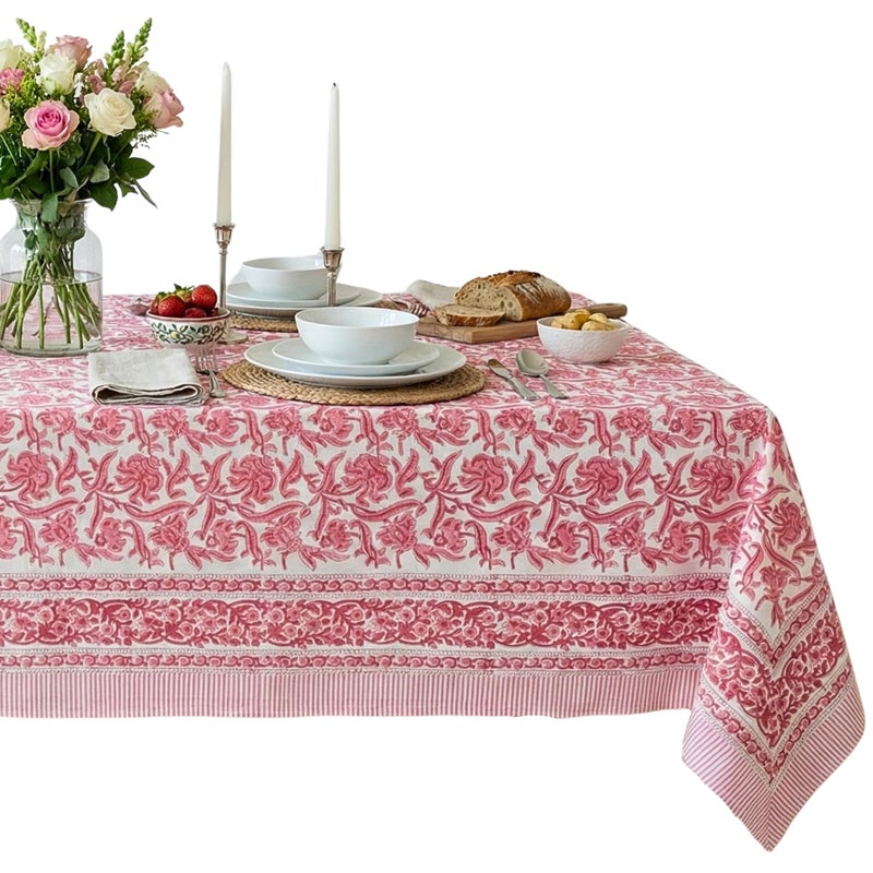 ATOSII Red Bloom 100% Cotton Tablecloth, Handblock Print Rectangle Table Cover for Kitchen Dining I Tabletop Linen I Parties, Wedding, Spring Summer Table Cloth 60 X 90 Inches - Image 1