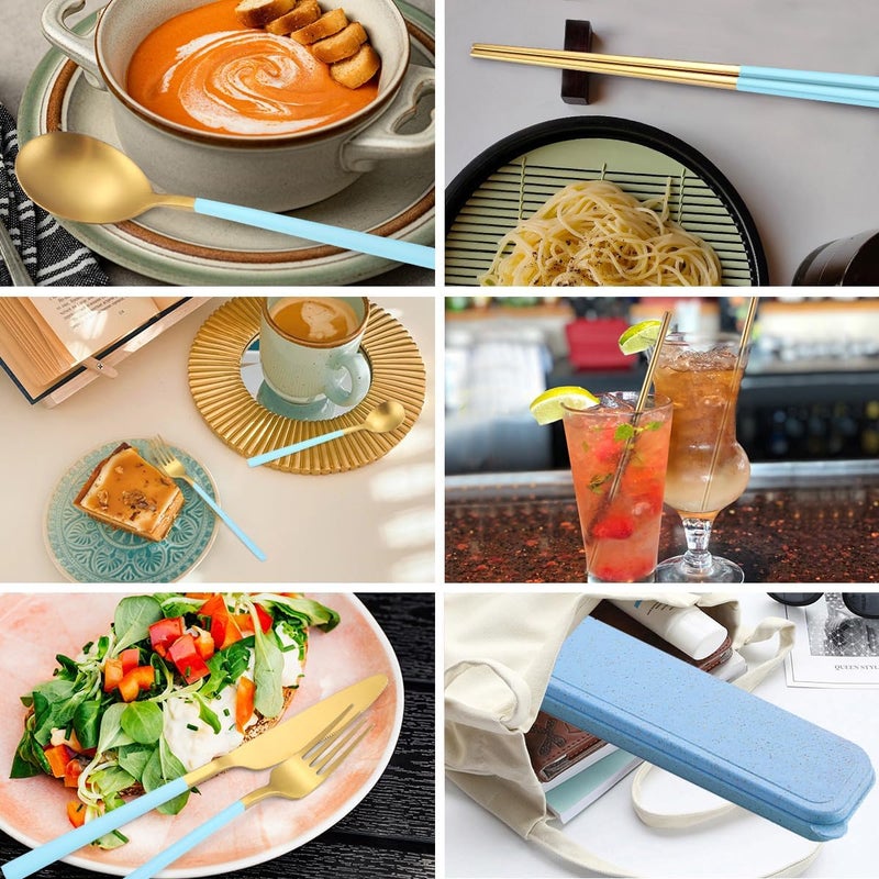 AARainbow 8 Pieces Stainless Steel Flatware Set Portable Reusable Cutlery Set Travel Utensils Set Including Chopsticks Knife Fork Spoon Straws Cleaning Brush Dishwasher Safe (B-Light blue Golden) - Image 3