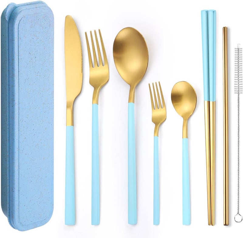 AARainbow 8 Pieces Stainless Steel Flatware Set Portable Reusable Cutlery Set Travel Utensils Set Including Chopsticks Knife Fork Spoon Straws Cleaning Brush Dishwasher Safe (B-Light blue Golden) - Image 1
