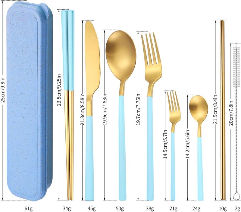 AARainbow 8 Pieces Stainless Steel Flatware Set Portable Reusable Cutlery Set Travel Utensils Set Including Chopsticks Knife Fork Spoon Straws Cleaning Brush Dishwasher Safe (B-Light blue Golden) - Image 2
