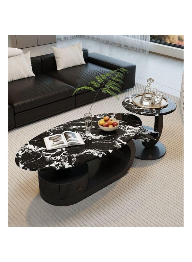 أيه دابليو دي طقم طاولات قهوة بيضاوية متداخلة – قاعدة معدنية سوداء مع سطح رخامي، طاولات مركزية عصرية لغرفة المعيشة - Image 2