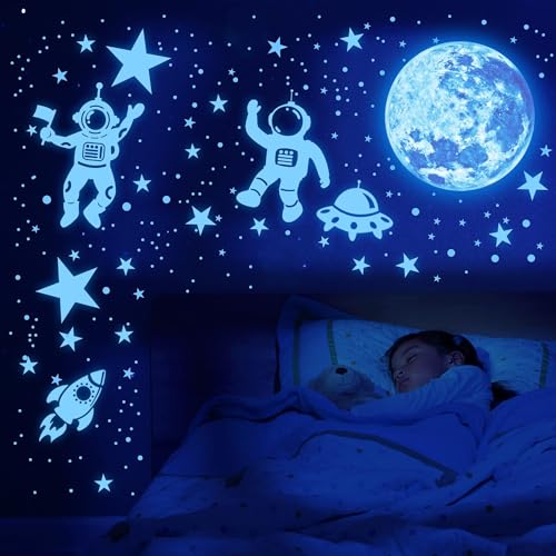 Sinekong 1017Pcs Glow in The Dark Stars for Ceiling Glow in The Dark Moon and Planet Wall Decal Luminous Astronaut Universe Galaxy Space Wall Stickers for Kids Boys Bedroom Blue - Image 5