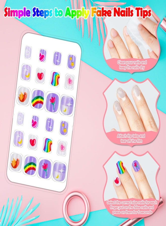 JOAOYO 240 Pieces Fake Nails for Kids Girls Artificial Kids Press on Nails Full Cover Short Acrylic Stick On Nails False Nail Tips Kit for Children Little Girls Nail Art Decoration (Rainbow) - Image 4