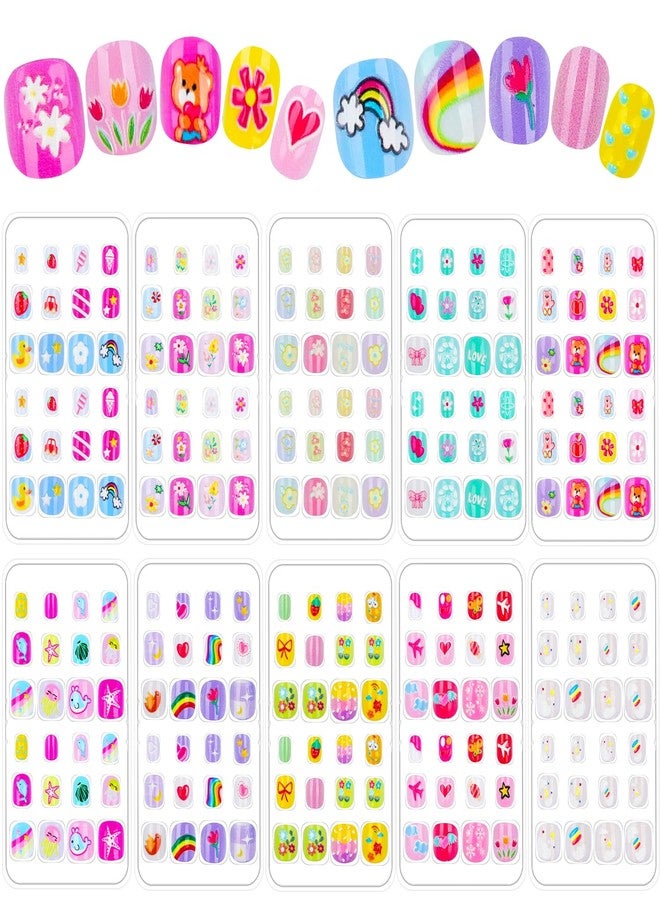 JOAOYO 240 Pieces Fake Nails for Kids Girls Artificial Kids Press on Nails Full Cover Short Acrylic Stick On Nails False Nail Tips Kit for Children Little Girls Nail Art Decoration (Rainbow) - Image 1