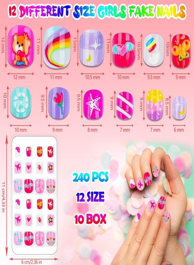 JOAOYO 240 Pieces Fake Nails for Kids Girls Artificial Kids Press on Nails Full Cover Short Acrylic Stick On Nails False Nail Tips Kit for Children Little Girls Nail Art Decoration (Rainbow) - Image 2
