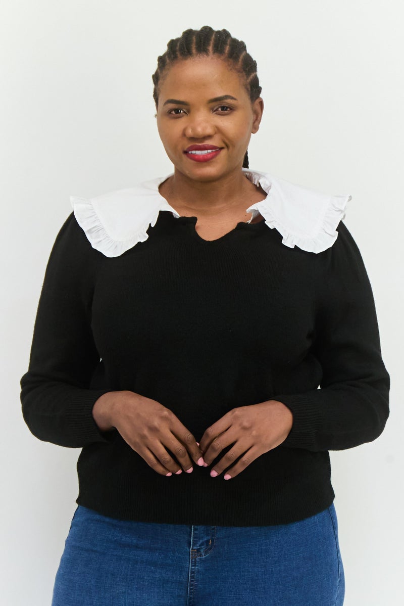 MANGO Women Peter Pan Collar Long Sleeves Knitted Sweater, Black - Image 1