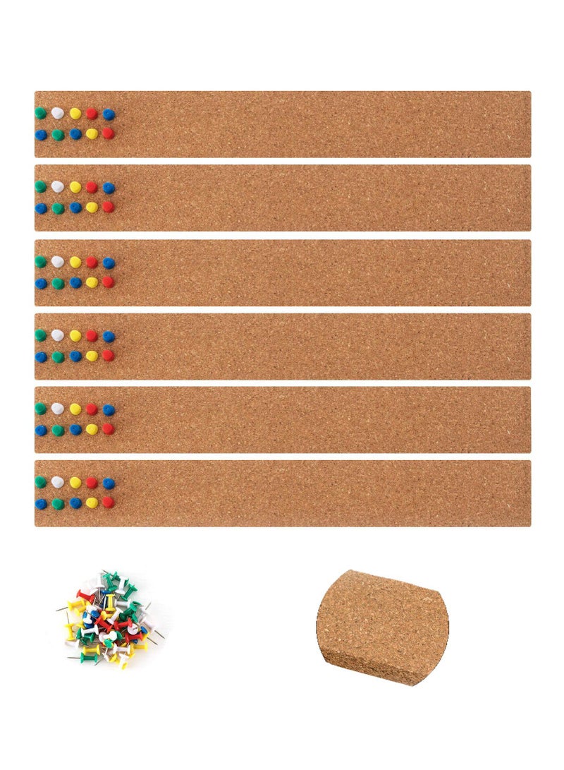 Sweet seven Cork Board Bulletin Bar Strip 15x2 Inch - 1/2 Inch Thick, Pack of 6 - Frameless Natural Cork Board with 50 Multi-Color Push Pins and Strong Self-Adhesive Backing - Image 1