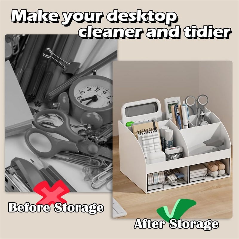 إكسفور منظم مكتب متعدد الوظائف مع درجين و8 شبكات - منظم أدوات مكتبية بلاستيكي كبير السعة، صندوق تخزين مكتبي أبيض أنيق - ملحقات مكتب مثالية للمنزل والمكتب وديكور طاولة المدرسة - Image 5