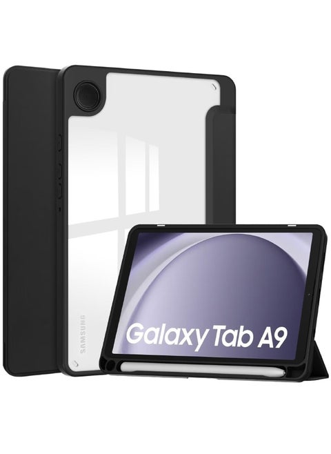 Samsung Galaxy Tab A9 Cover, Galaxy Tab A9 Case with Auto Wake Sleep, Clear Acrylic Back, Smart Magnetic Trifold Flip Slim Leather Durable Shockproof Case for Samsung Galaxy Tab A9 8.7 inch (Black)