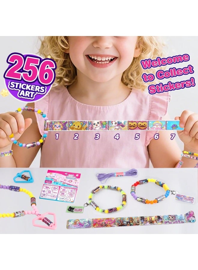 Kids' Sticky Rolls سوار Kit ، ديي ملصق مجوهرات لعبة قابلة للارتداء المشتركة ، 32 ملصق لفات قابلة لإعادة الاستخدام 256 ملصقات, لفة اللزجة سوار قلادة هدية مجموعة مع 6 سحر، 2 قلاد, العديد من الخرز - Image 3