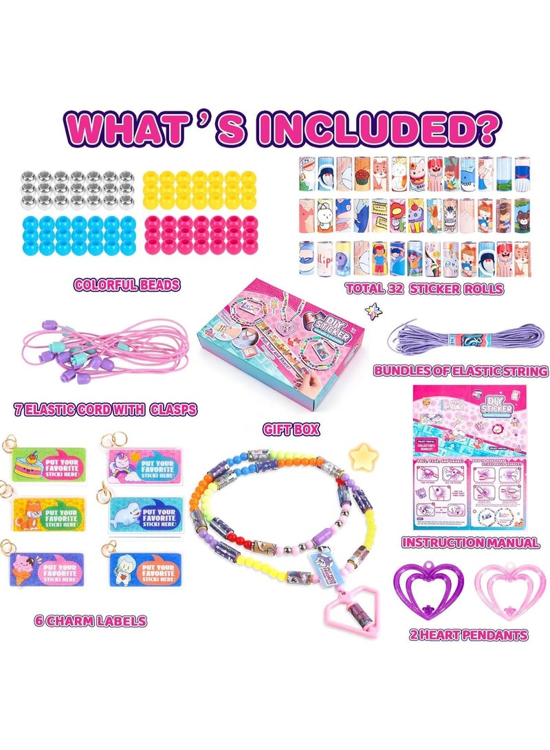 Kids' Sticky Rolls سوار Kit ، ديي ملصق مجوهرات لعبة قابلة للارتداء المشتركة ، 32 ملصق لفات قابلة لإعادة الاستخدام 256 ملصقات, لفة اللزجة سوار قلادة هدية مجموعة مع 6 سحر، 2 قلاد, العديد من الخرز - Image 2