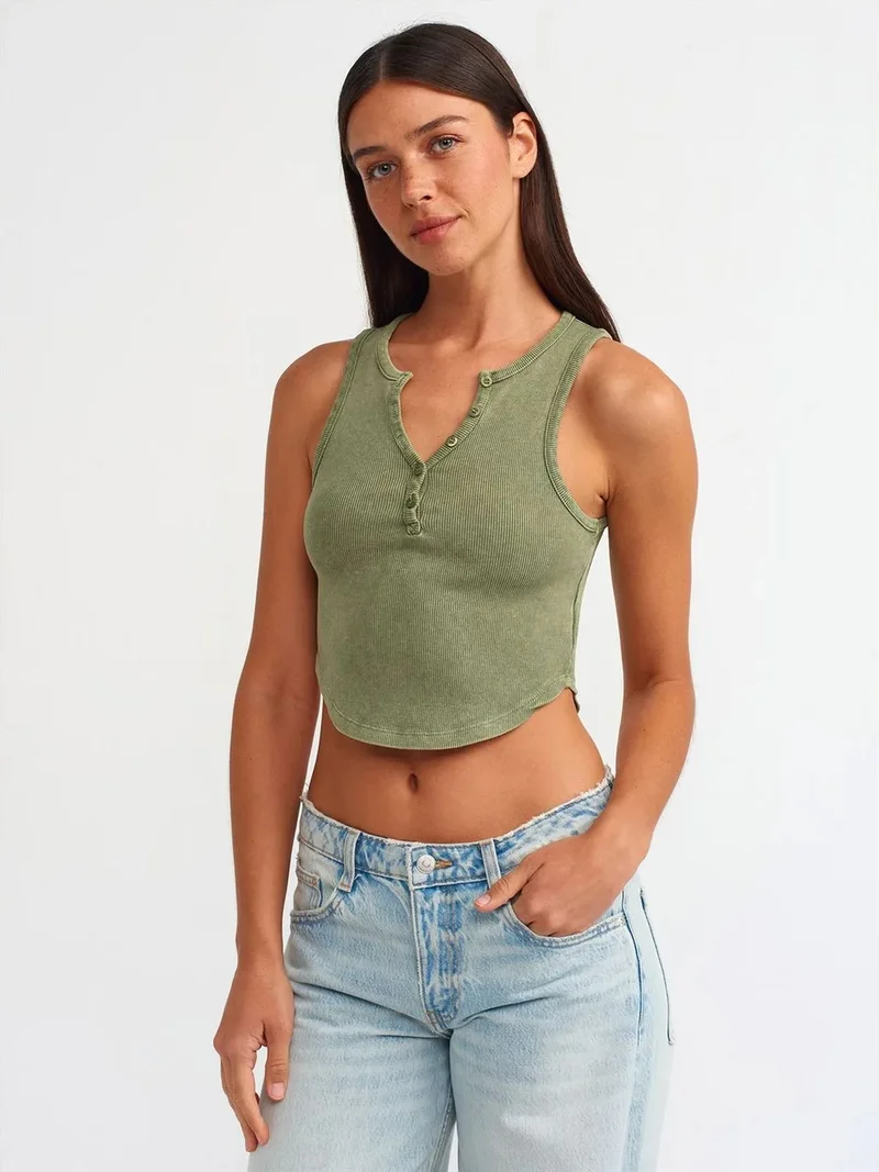 ديلفين Dilvin Women's Ribbed Crop Blouse With Buttons