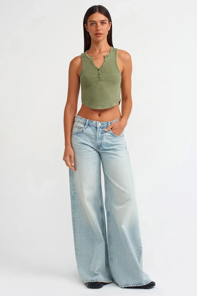 Dilvin Khaki Green DILVIN Women's Ribbed Crop Blouse With Buttons for Women | Best Price UAE