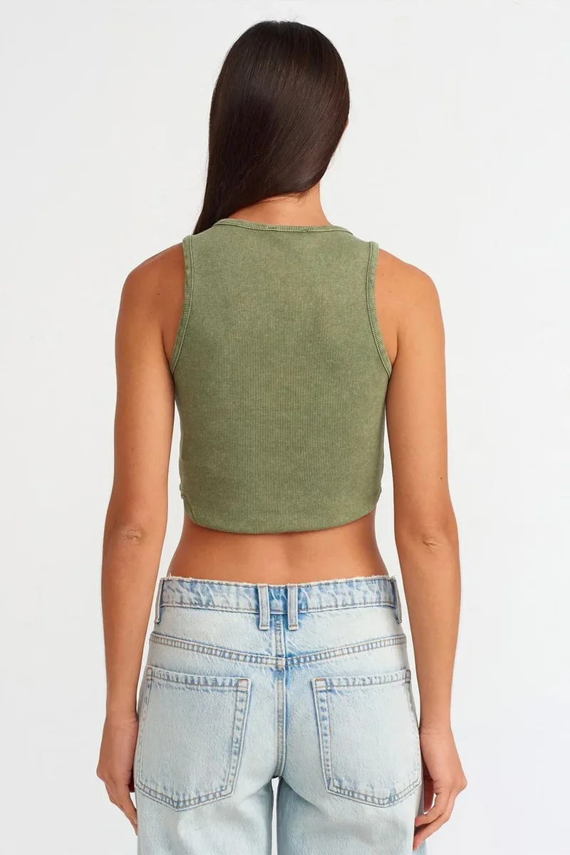 Dilvin Khaki Green DILVIN Women's Ribbed Crop Blouse With Buttons for Women | Best Price UAE