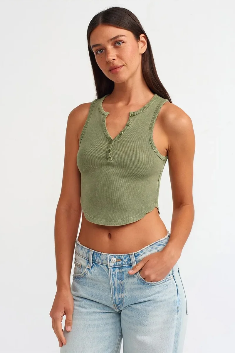DILVIN Women's Ribbed Crop Blouse With Buttons