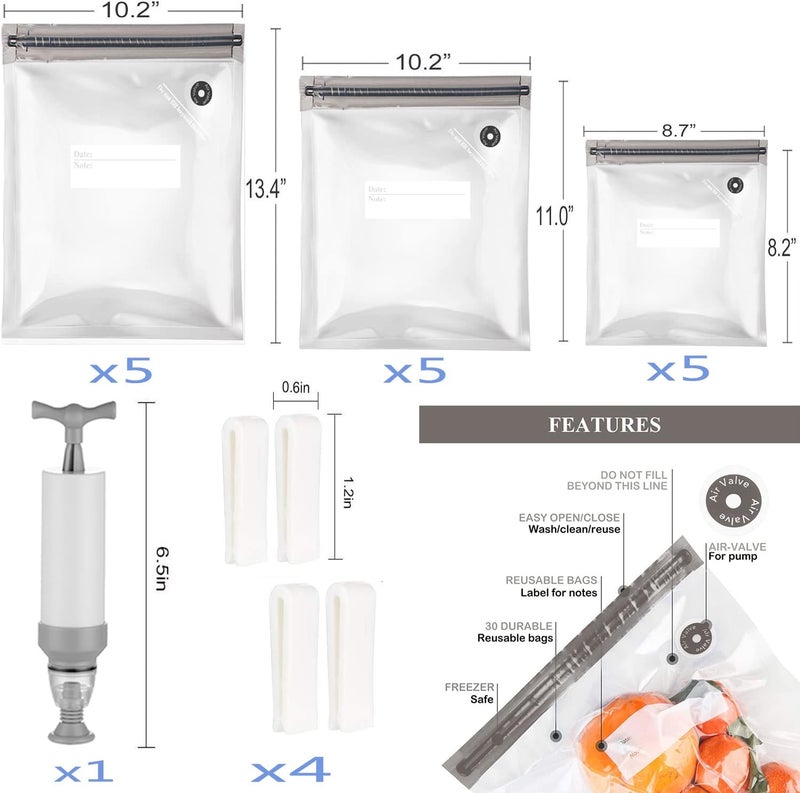 Repinsta Sous Vide Bags 20pack Reusable Vacuum Food Storage Bags with 3 Sizes Vacuum Food Bags,1 Hand Pump,4 Sealing Clips for Food Storage and Sous Vide Cooking (Gray Kit) - Image 5