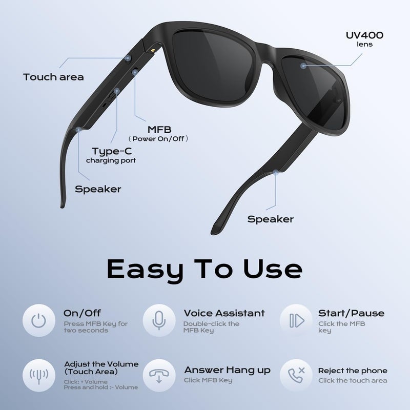 XO Bluetooth Glasses for Women & Men, Smart Audio Sunglasses for Men with Built-in Speakers, UV400 Protection, Wireless Music & Calls, Lightweight Frame, Touch Control Compatible with iOS/Android - Image 5