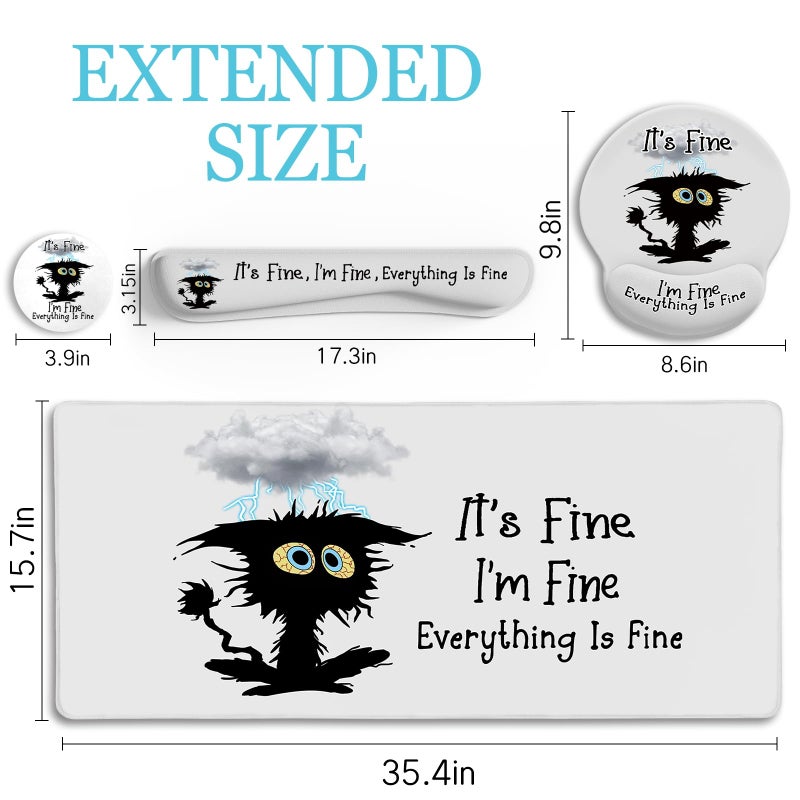 LIMKRIAN Desk Mat Set, Large Gaming Mouse Pad with Wrist Rest, Ergonomic Mouse Pad Keyboard Mat Wrist Support, Cup Coaster, Home Office Desk Accessories Decor Supplies, Funny Black Cat - Image 3
